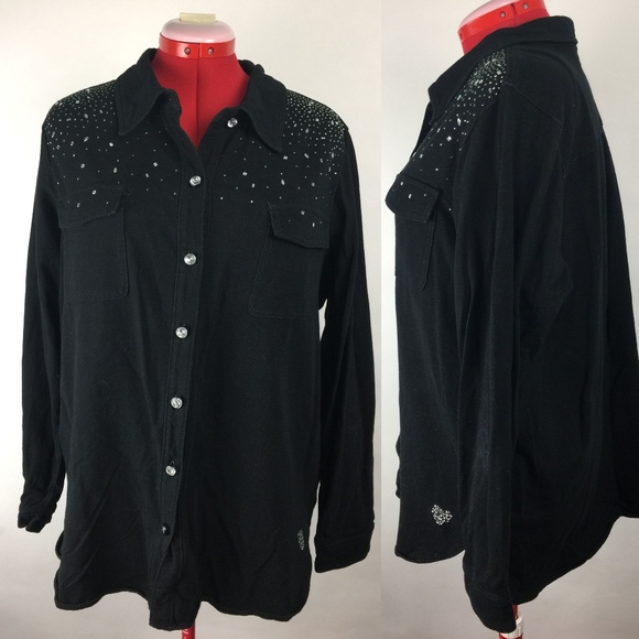 Quacker Factory Black Rhinestone Studded Shirt 1X - Picture 1 of 8